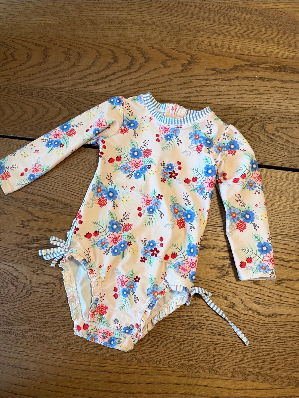 Ruffle Butts Floral Long-Sleeve Rashguard One-Piece - Blue, Pink, Cream